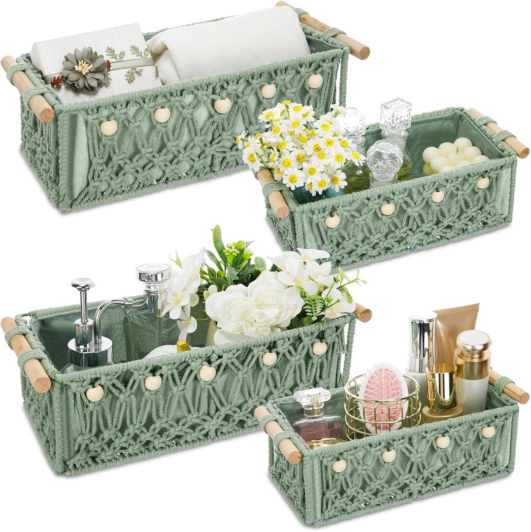 Vesici 4 Pcs Green Macrame Storage Basket for Shelves 13 in 11 in Boho Storage Basket Hand Woven Boxes with Wood Handles Beads Decorative Countertop Toilet Tank Cabinet Organizer for Home Room Decor