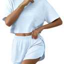Remidoo Womens Split Short Pajama Set Striped Tee Shirts and Shorts Slit Pajamas Pj Sets White Blue Small (S)