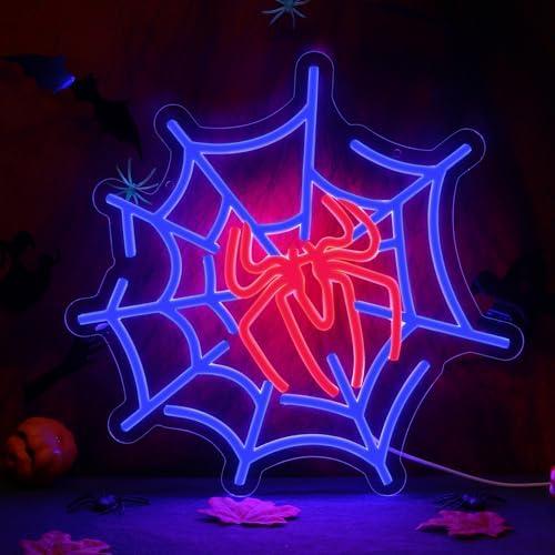 Shecina Halloween Spider Web Sign,LED Halloween Spider Web Neon Sign USB Powered,Acrylic Light Up Halloween Room Decor Neon Light Signs,Neon Signs for Wall Decor for Bedroom,Dining Room,Living Room,Bar,Party,Halloween Spider Decorations