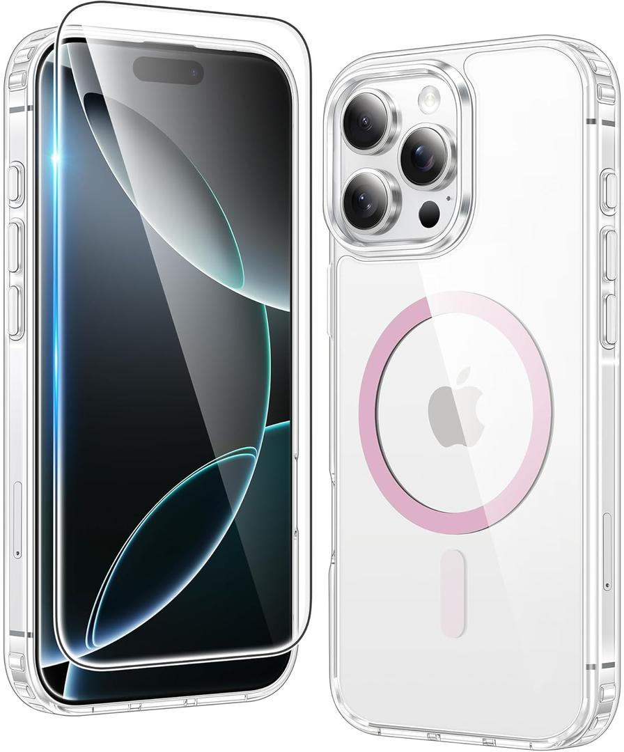 FNTCASE for iPhone 16 Pro-Max Case: Clear Magnetic Phone Cases Compatible with Magsafe Slim Anti Yellowing Military Grade Drop Protection Rugged Protective Transparent Cell Phone Cover (C-A Pink)