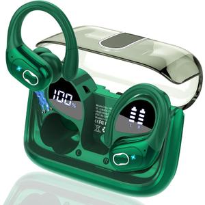 Wireless Earbuds 75hrs Bluetooth 5.4 Headphone Sport, 2026 Bluetooth Earbuds Stereo Deep Bass Over Ear Bud with Earhooks, ENC Noise Cancelling Mic, IPX7 Waterproof Earphone for Gym/Workout, Dark Green