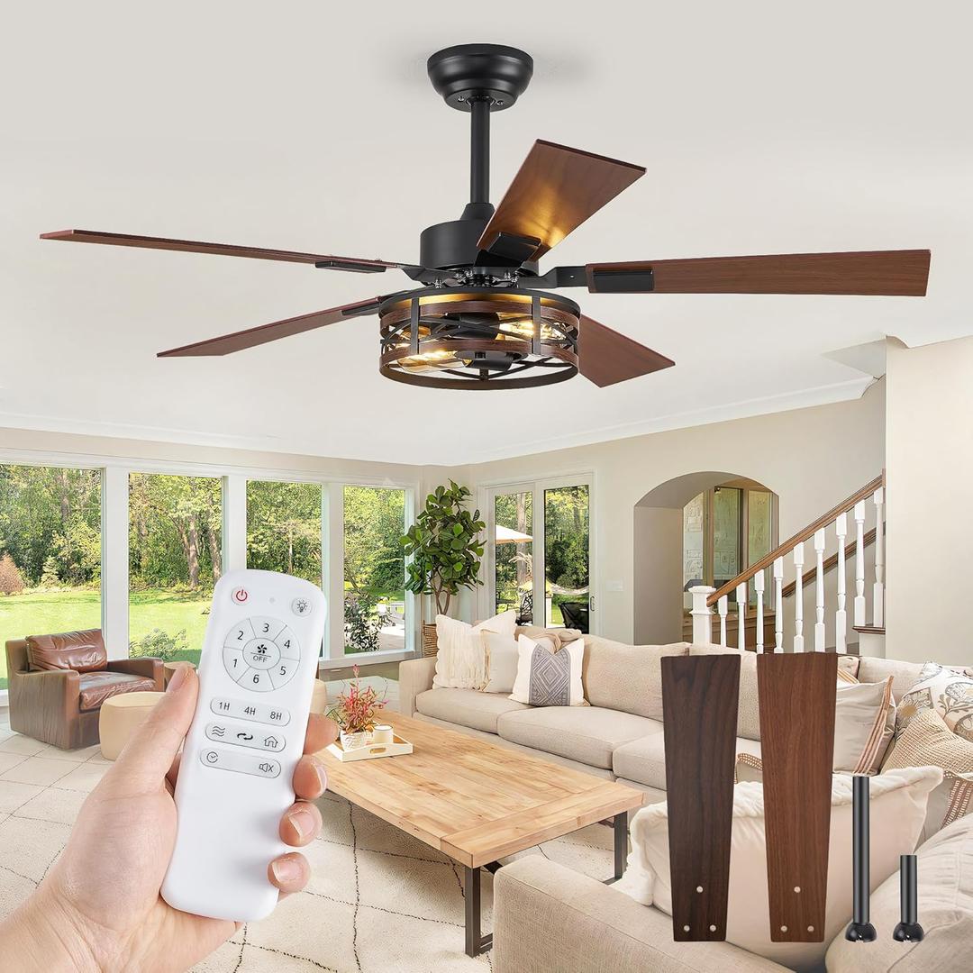 Farmhouse Ceiling Fans with Light, 48 Inch Bedroom Ceiling Fan with Lights, 6-Speed Adjustable, Quiet and Reversible DC Motor, Dual Finish 5 Blades, Rustic Caged Ceiling Fan for Living Room (Black and Walnut)