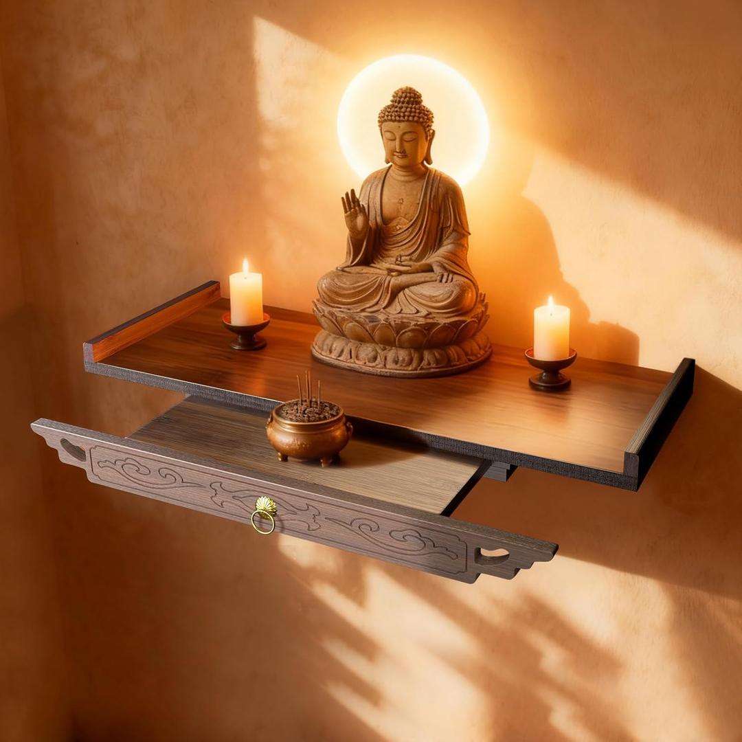 26" Wall-Mounted Altar Shelf, Supports up to 100 Lbs, with Extendable Drawer Bamboo Wall Altar, Antique-Style Carved Buddhist Altar for Incense and Pray, for Concrete and Gypsum Board Walls