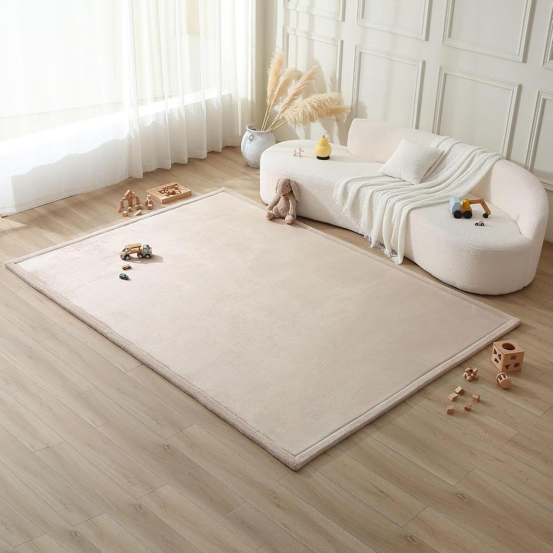 Hakuna Matte CloudSoft Baby Play Mat for Floor 80" x 110" Beige – Coral Velvet Memory Foam Rug for Crawling & Cozy Play – Non-Slip, Water-Resistant, Easy-CareTummy Time Mat, Playmat for Playpen