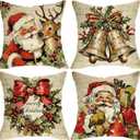 Christmas Santa Claus Decorative Throw Pillow Covers 20 x 20 Set of 4, Vintage Xmas Jingle Bell Wreath Reindeer Porch Outdoor Home Decor, Retro Winter Holiday Sofa Couch Cushion Case