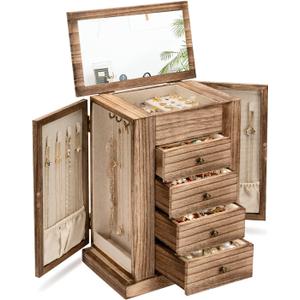 Emfogo Jewelry Box for Women, 5 Layer Large Wood Boxes & Organizers for Necklaces Earrings Rings Bracelets, Rustic Organizer with Drawers and Mirror(Carbonized Black)