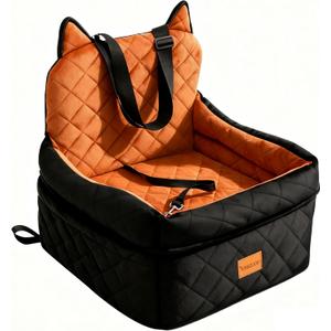 Dog Car Seat for Small/Medium Dogs Up to 35lbs,Elevated Cushion Fits in Front/Back Seat,Travel Safety Per Car Bed with Washable Removable Cover, Storage 2 Pockets Black-Orange