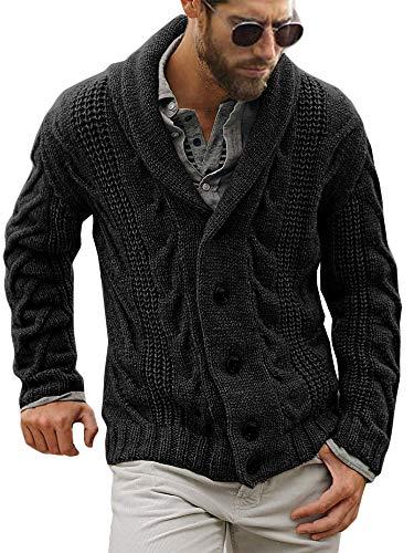Men's Cable Knit Cardigan Sweater Shawl Collar Loose Fit Long Sleeve Casual Cardigans Black, XXL