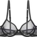 YANDW Sexy Sheer See Through Bras Unlined Underwire Lace Mesh Non Padded Ultra Thin Clear Bralette (36C, Black)