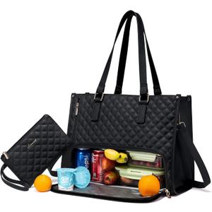 LOVEVOOK Lunch Tote Bag for Women, 17.3 Inch Laptop Bag with Insulated Lunch Compartment, Quilted Large Capacity Computer Handbag with Purse for Business, Work, Nurse, Office, Collage, Casual, Black