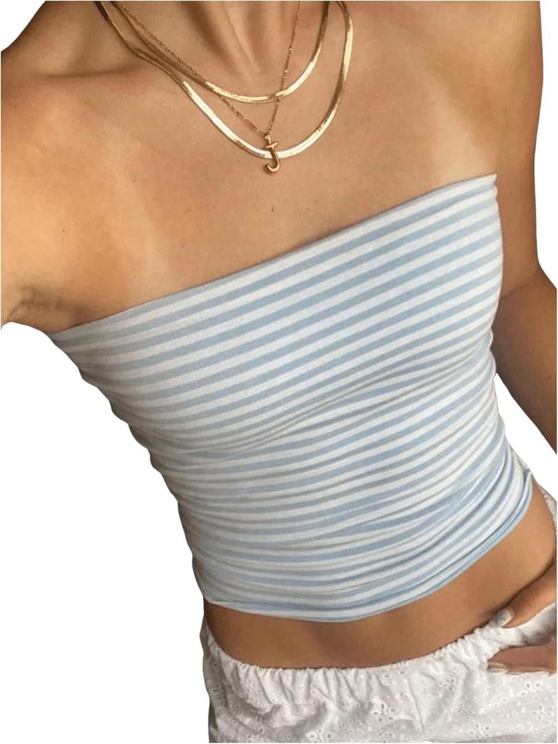 Women's Striped Print Tube Tops Strapless Fitted Tank Tops Y2k Going Out Tops (Blue and White), Size S