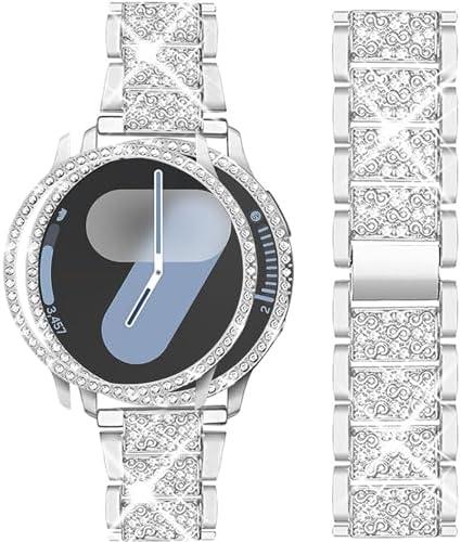 Mosonio Band ONLY Compatible with Samsung Galaxy Watch 7 40mm / 44mm, 20mm Bling Metal Galaxy Watch 7 Band with Bling Protective Cover Case for Women, Bling galaxy watch 7 Replacement Strap for Daily wear (Color & Size Optional）