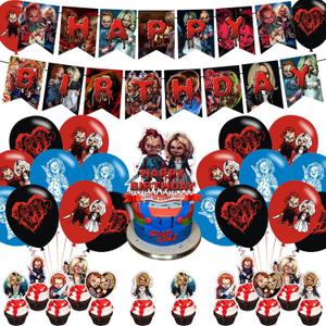 OUDINI Bride of Chucky Birthday Party Supplies - Horror Cartoon Chucky Party Decorations - Includes Banner, Cake Topper, 12 Cupcake Toppers, 18 Balloons - Red