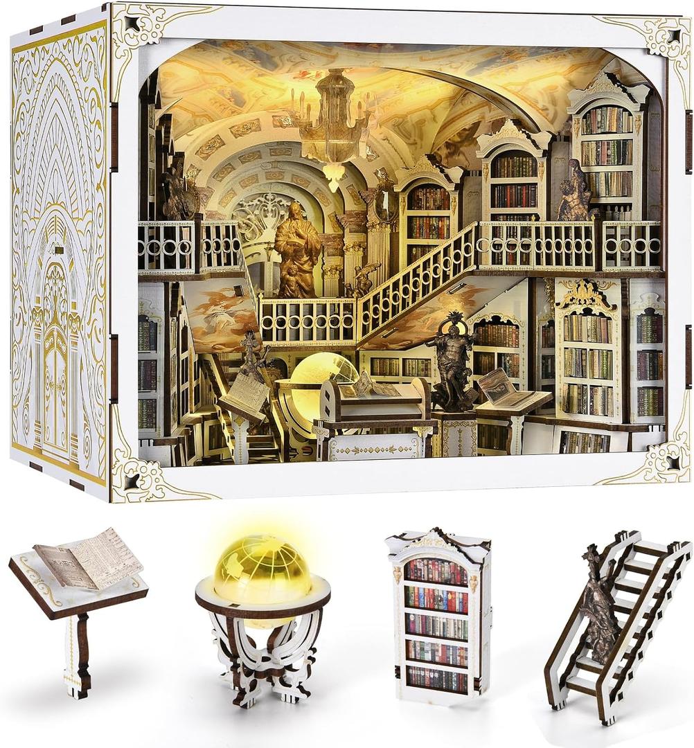 DIY Book Nook Kit, DIY Miniature Dollhouse Booknook Kit, 3D Wooden Puzzle Bookend Bookshelf Insert Decor with LED Light for Adults (Library of Gods Max)