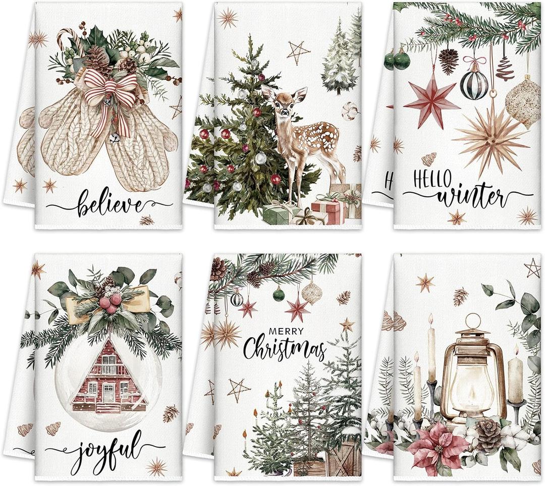 Christmas Kitchen Towels Beige Xmas Tree Dishtowels Decorative Hello Winter Hand Towels Absorbent Gloves Ball Merry Christmas Tea Drying Cloth Xmas Decor for Kitchen Bathroom Farmhouse Gift