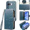 Asuwish Compatible with Google Pixel 9A Wallet Case Zipper Cell and Tempered Glass Screen Protector Crossbody Strap Bling Glitter Flip Card Holder Phone Cover for Pixel9A A9 5G Women Men Dark Green