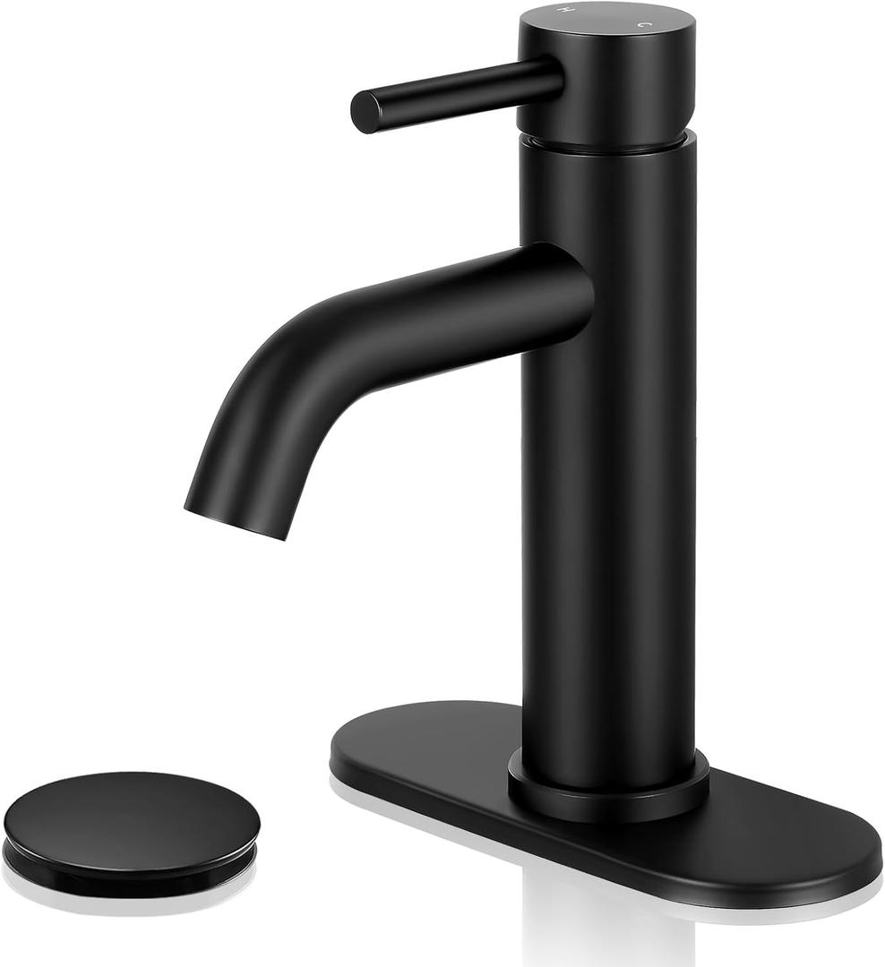 Matte Black Bathroom Faucets, Modern Bathroom Sink Faucet Single Handle Bathroom Faucet for 1 or 3 Hole, Mixer Tap Vanity Faucet with Deck Plate, Pop-up Drain, A-Black