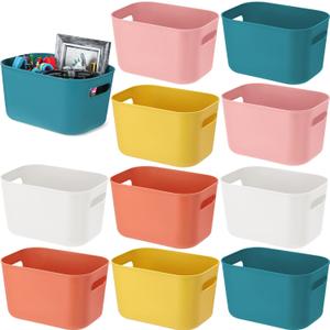 Tioncy 10 Pack Colorful Plastic Storage Bins, 9.7" x 6.9" x 5.7" Small Open Organizer Bins with Handles, Sturdy Stackable Plastic Storage Baskets for Bathroom Kitchen Shelves, 5 Colors