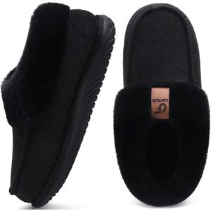 COFACE Women's Memory Foam House Slippers Arch Support Moccasin Winter Shoes Ladies Warm Fuzzy Faux Fur Collar With Indoor Outdoor Rubber Sole (Black), Size EU 41
