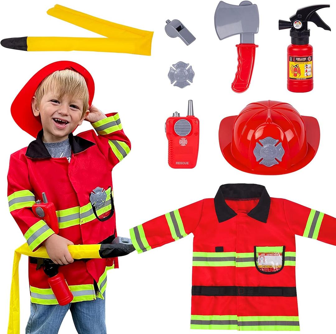 Liberry Fireman Costume for Kids 3 4 5 Years Old, Firefighter Tools with Fire Extinguisher, Pretend Play Toy Gift for Toddler Boys & Girls, 9pcs