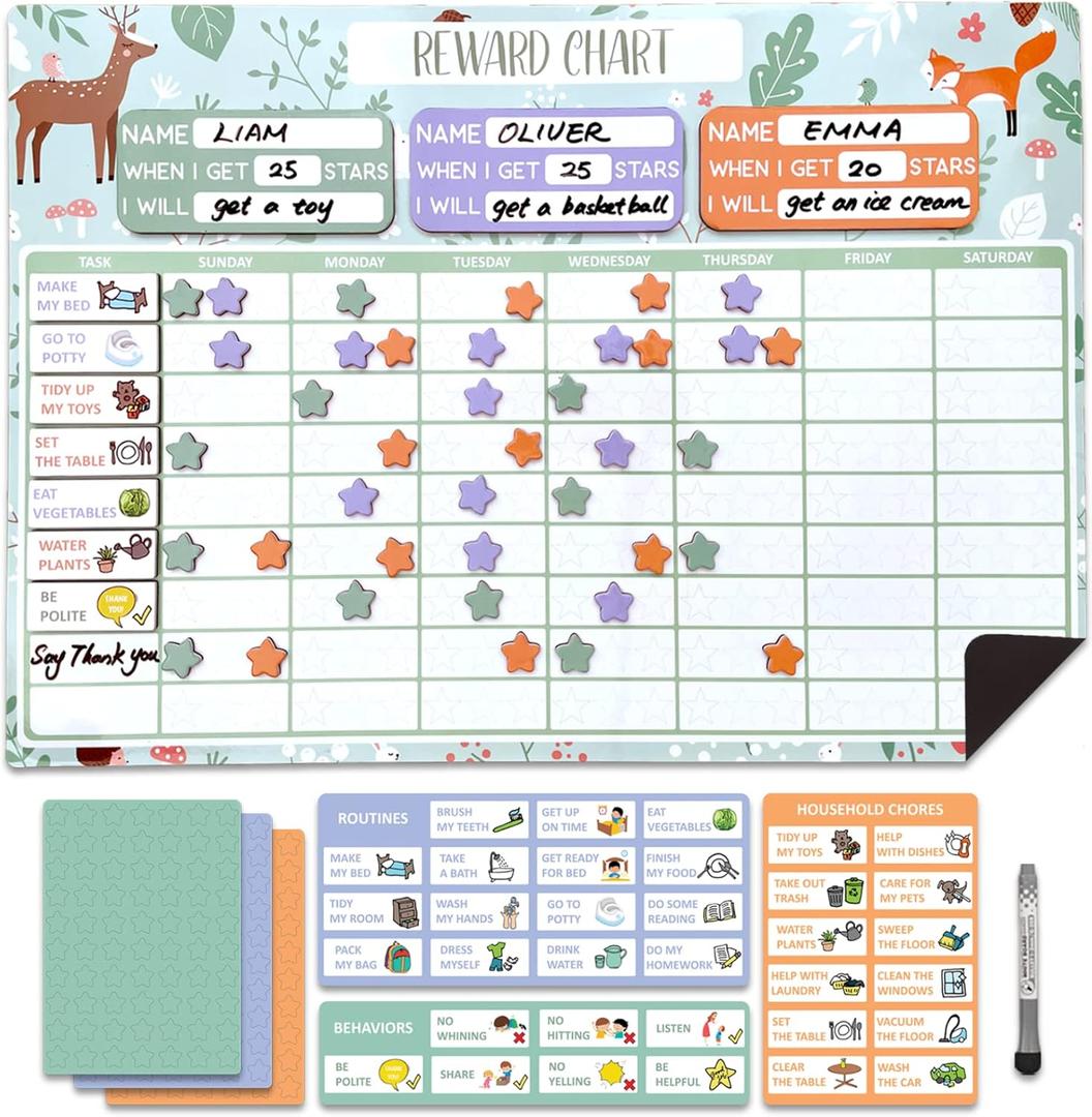 Reward Chart for Multiple Kids 17 x 12 Inch Dry Erasable Chore Chart | Magnetic Responsibility Chart, Chore Chart, Behavior Chart,Star Chart for Toddlers | Large Size with White Board Marker
