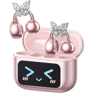 PAXA Stylish Open Ear Clip On Earbuds with Removable Butterfly Earring, Clip On Headphones with LCD Touch Screen, Fashionables Open Ear Headphones for Women, Butterfly Earring Rose Gold Earbuds