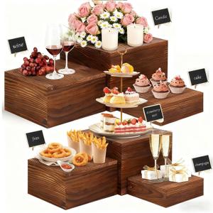 6 Pack Wooden Risers Display Stands, Rustic Wood Cake Stands & Cupcake Stands for Party, Square Food Risers for Buffet Table, Wood Crates for Home Decor, Wedding, Birthday (Brown, 6 Pack)
