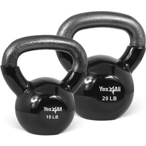 Yes4All Kettlebell, Vinyl Coated Kettlebell Cast Iron Sets with Stable Flat Bottom for Full Body Workout, Push up, Grip Strength Training & Weights Exercises (Black)
