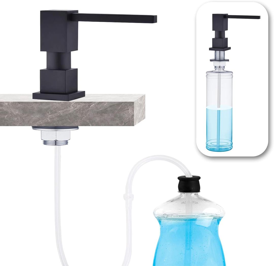 Soap Dispenser Square Built in Sinkwith 47'' Long Tube, Matte Black Brass Pump Head for Kitchen Sink with 17 oz Bottle