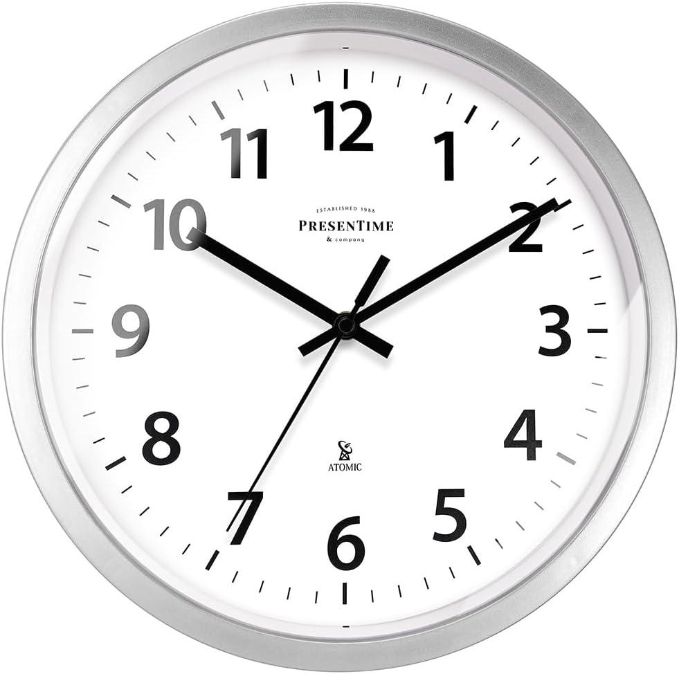 Presentime & Co 12" Atomic Wall Clock, Silent no Ticking, Automatically Sets Itself and Adjust to Daylight Saving Time by WWVB - Faux Stainless Steel Finish. (Home Office)