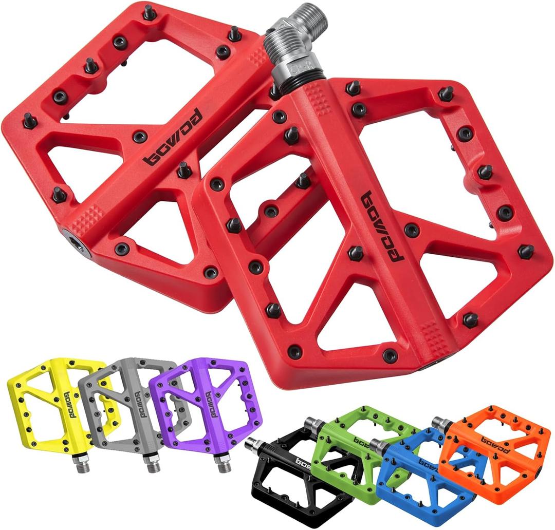 MTB Pedals Large Mountain Bike Pedals, Lightweight Nylon Fiber Composite Bicycle Platform Pedals, Grippy Pedals w 18 Pins, Cr-Mo Spindle fit w 2 Bearings, Clipless Pedals for BMX MTB Bike 9/16" (Red)