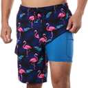 BRISIRA Mens Swim Trunks 9 Inch Inseam Board Shorts with Compression Liner Swimsuit Bathing Suit Quick Dry Cargo Pocket (40, Flamingo)