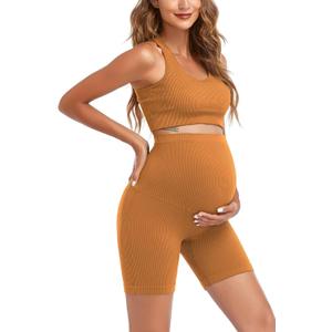 Women's Maternity 2 Piece Outfit Set - Bra & Shorts for Pregnancy - Yoga workout Lounge Wear Sets (X-Large, Yellow)
