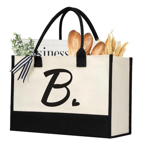 shenee Initial Canvas Tote Bag, Personalized Beach Jute Bag Present for Women Holiday, Friends Birthday Gift, Beach, Wedding (Letter B)