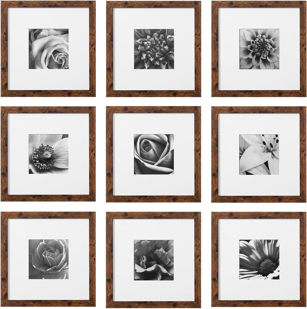 eletecpro 10x10 Picture Frames Set of 9 Classic Gallery Wall Frame Set Displays 5x5 Photo with Mat or 10x10 without Mat, Square Picture Frames Collage Wall Decor, Rustic Brown Modern Home Decor for