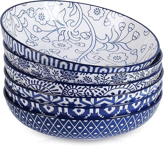 Selamica Porcelain 26 Ounce Pasta Bowls Set of 6, 8-inch Wide and Shallow Salad Bowls, Serving Bowls, Microwave & Dishwasher Safe, Sturdy & Stackable, Vintage Blue