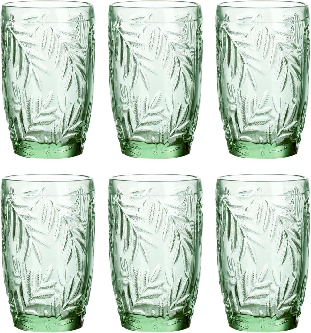 Glass Drinking Tumblers with Leaf Pattern, 11.5 oz, Solid Green Color, Set of 6, Dishwasher Safe