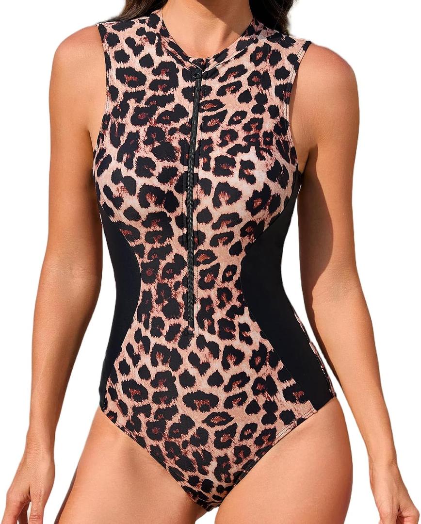 RIHOAS One Piece Swimsuit Women Athletic Racerback Bathing Suit Sport Tummy Control Surfing Zipper Modest Slimming Swimwear Large