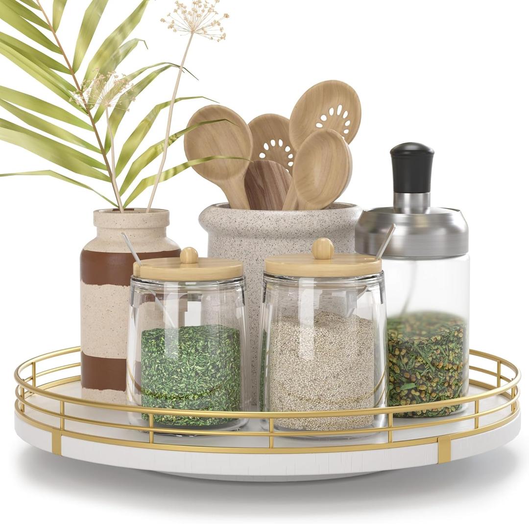 10" Wooden Lazy Susan Turntable for Cabinet  Rotating Spice Rack Organizer, Small Kitchen Countertop Tray for Dining Table & Pantry Storage (White & Gold)