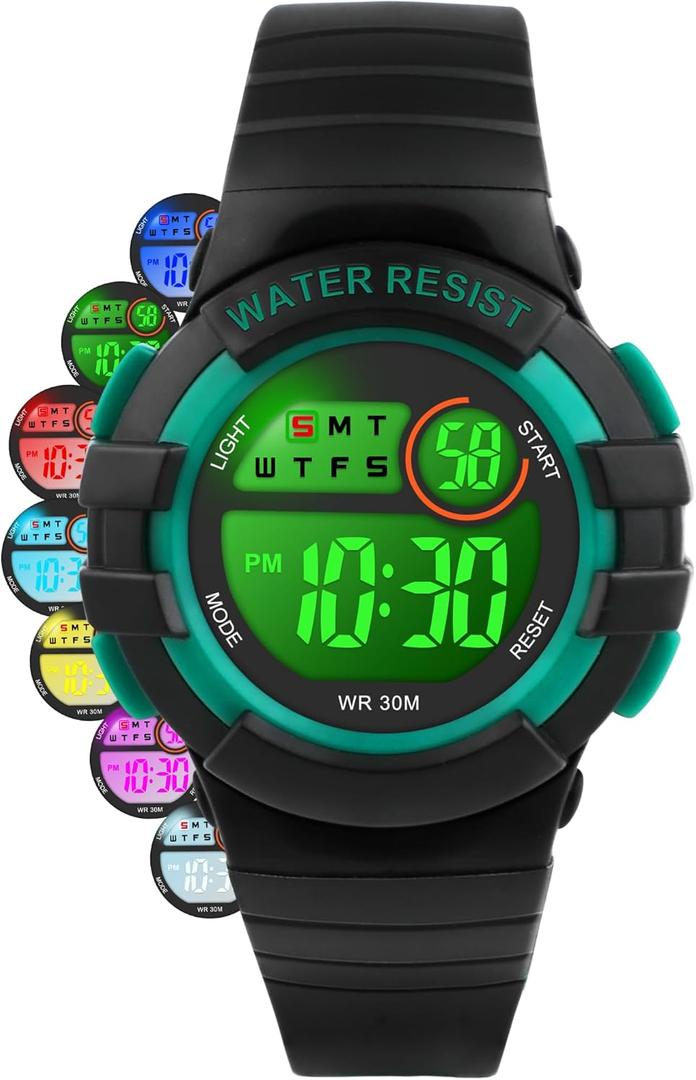 DTKID Digital Kids Watch 30 M Waterproof, 7 Color Lights Time Teaching Watch Easy to Read for Girls Boys 5-16 (Black-green)