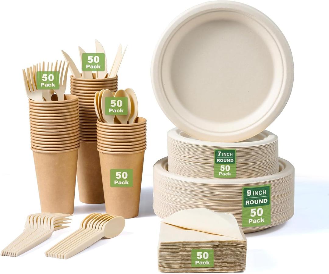 350 Pieces Compostable Disposable Plates for 50 Guests, Biodegradable Plates for Party/Wedding/Dinnerware Set of 50 Dinner Plates, 50 Salad Plates, 50 Spoons, 50 Forks, 50 Knives, 50 Cups, 50 Napkins