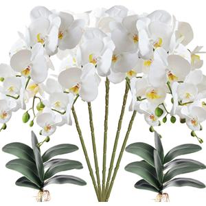 HinyoCo 5 Pcs Artificial Orchid Flowers and 4 Bundles Leaves, Artificial Phalaenopsis Flowers 32 Inch Stem Plants for Home Wedding Decoration (White)