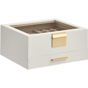 SONGMICS GISELLA Collection - Jewelry Box Organizer, 2-Layer Jewelry Storage with 1 Drawer, Shiny Metal Hardware, Glass Lid, Modern, 8 x 9.1 x 4.1 Inches, Cloud White and Gold Color UJBC174W01