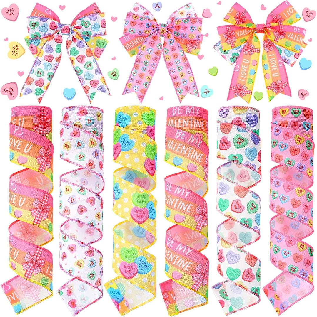 6 Rolls 30 Yards Valentine's Day Ribbons Conversation Heart Wired Wrapping Crafts Valentine Edge Ribbon Wreath Decorations for Gift Wrap DIY Crafts Wedding Birthday Party Decoration (pink, purple, yellow, green, red)