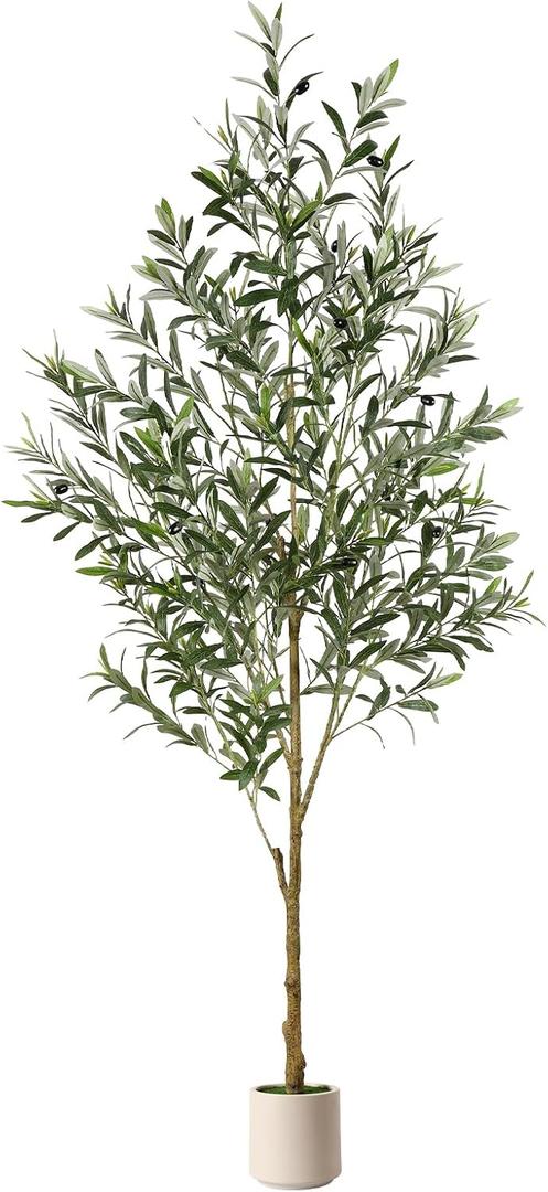 6FT Artificial Olive Trees, Faux Silk Plant with Lively Artifical Trunk and Lifelike Fruits, Indoor Fake Potted Tree with White Planter for Modern Home Office Living Room Decor, Green