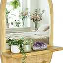 Wood Wall Mirror with Hooks, 30x18 Inch Boho Wall Mirror with Removable Shelf, Oval Solid Wood Framed, Handmade Rattan Mirror Decor Accent for Entryway, Bathroom, Nursery, Bedroom, Living Room