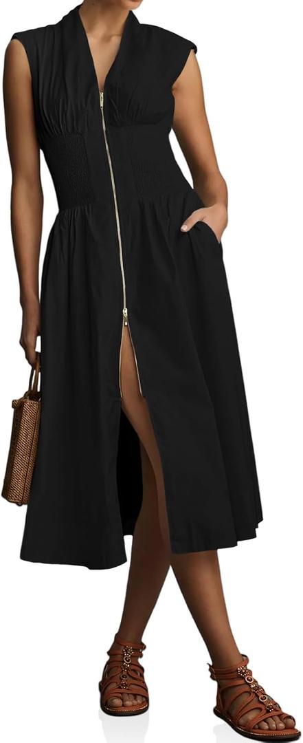 Wenrine Womens Summer Smocked Midi Dress Casual Zipper V Neck Cap Sleeve High Slit Flowy Long Dresses (Medium, Black)