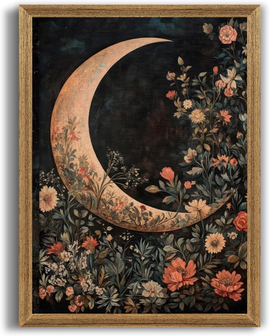 Palette Dreams Moody Gothic Moon and Vintage Flowers Canvas Wall Art, Mystical William Morris Wall Decor,Witchy Dark Academia Celestial Poster Prints for Bedroom Living room 12x16 inch Wood Framed