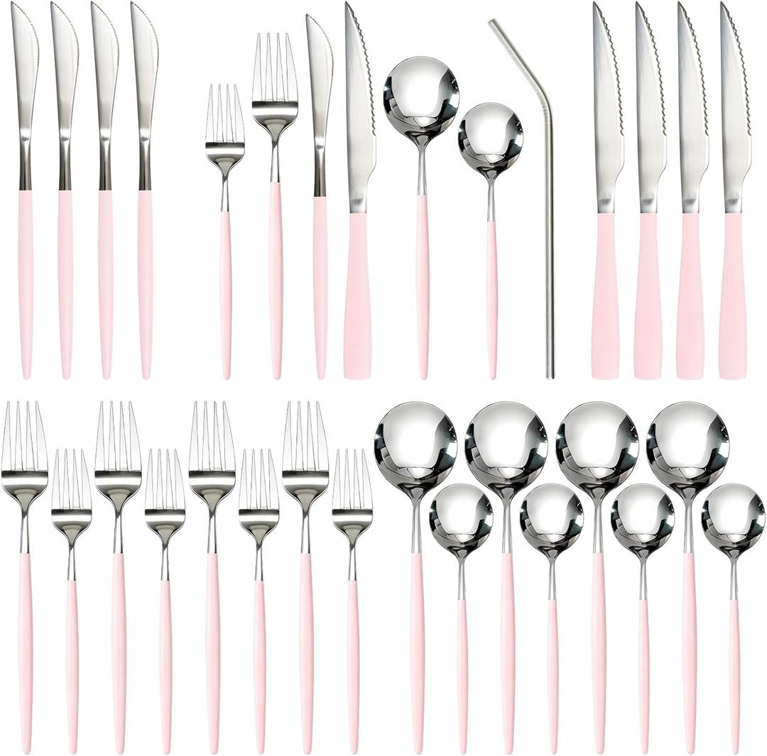 Astercook Silverware Set with Steak Knives 24-Piece Flatware Set for 4 Food-Grade Stainless Steel Pink Cutlery Set Mirror Polished Utensils Set Include Spoons and Forks for Home Kitchen Restaurant