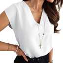 Lynwitkui Women's V Neck Chiffon Blouses Cap Sleeve Shirts Casual Loose Work Office Solid Tops (White, S)